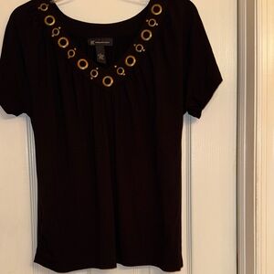 INC brand Black Short Sleeve Top with Gold Eyelet V-Neckline. Size Small